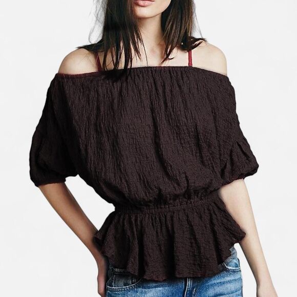 Free People Shades of Cool Black Smocked Off-Shoulder Textured Boho top – Size S - Picture 2 of 7